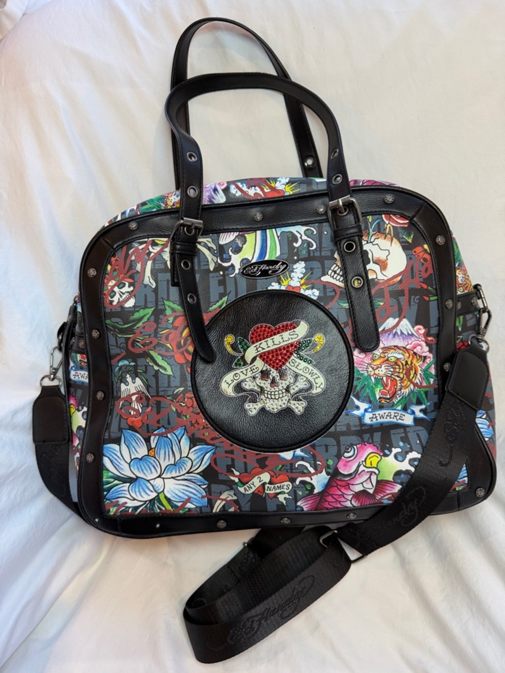Ed Hardy Black-Trim Multicolor Tattoo Print Satchel